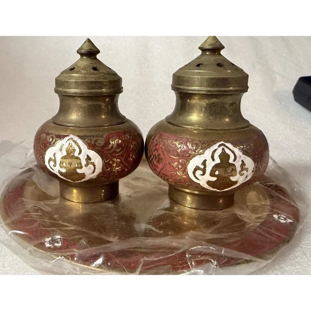 Vintage Siam Thailand Brass Enamel Buddha Salt Pepper Shakers Tray Red